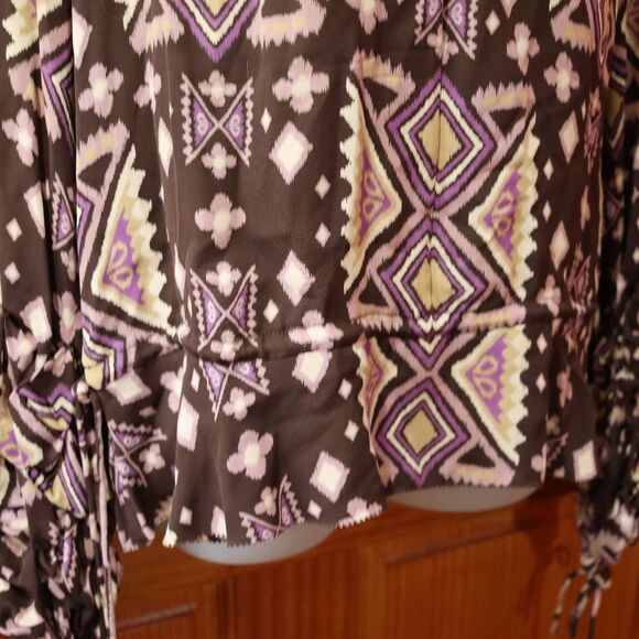 Tory Burch Size 12 Vintage 90s Purple Brown Patchwork Ruched Sleeve Silk - Picture 9 of 11